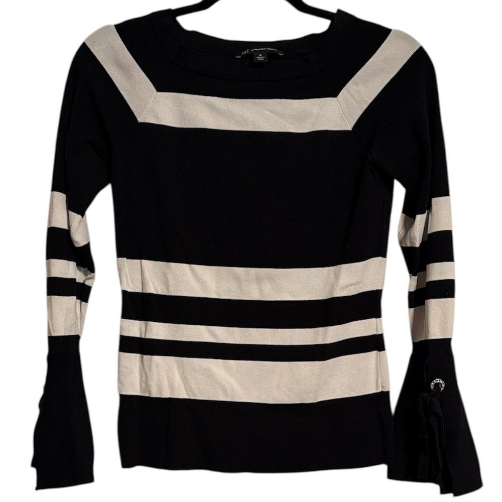☀️ INC International Concepts Black and White Striped Bell Sleeve Top
